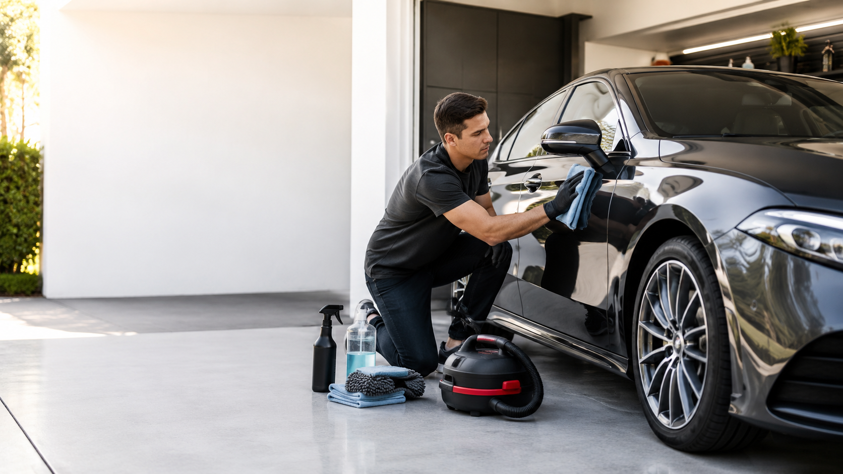 Mobile car detailing Hampton VA — Prime Shine professional detailer working on a black car