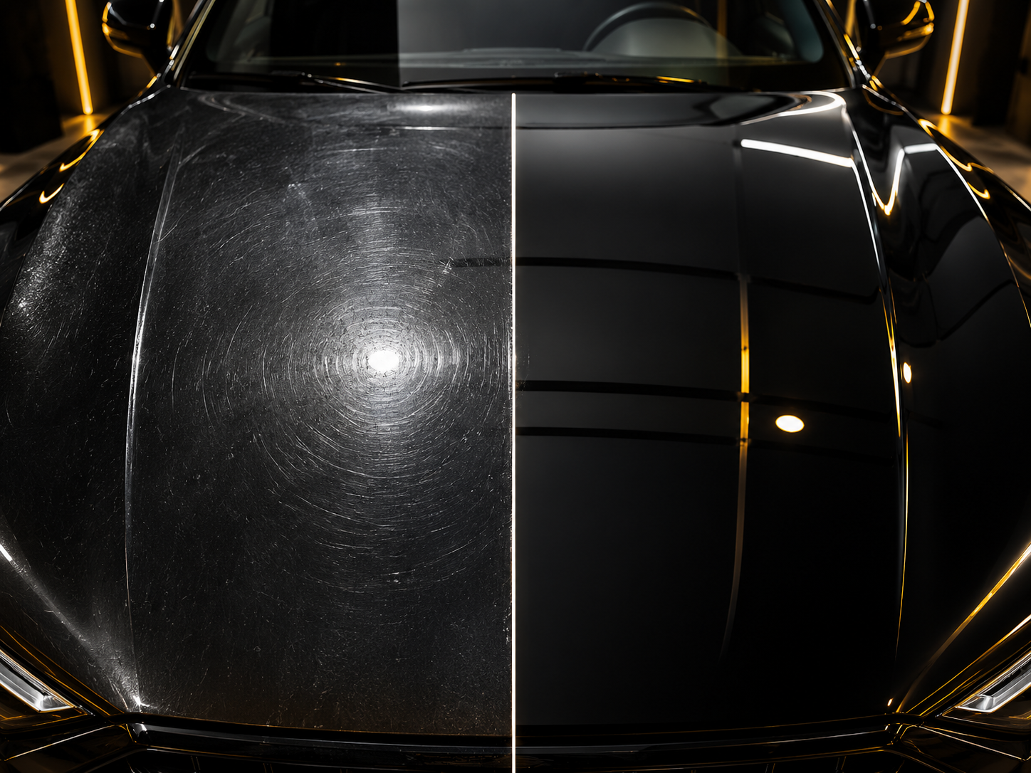Paint correction before and after on black car hood for ceramic coating in Virginia Beach